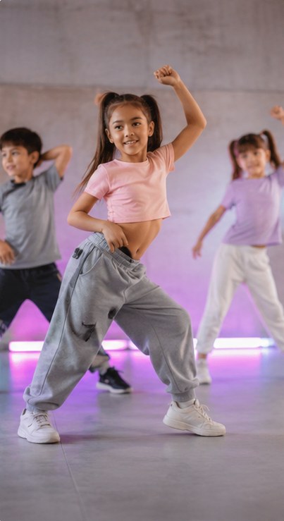 Children dancing hip hop together in a studio