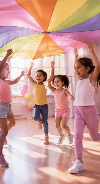 Children playing with a colorful parachute at summer dance camp