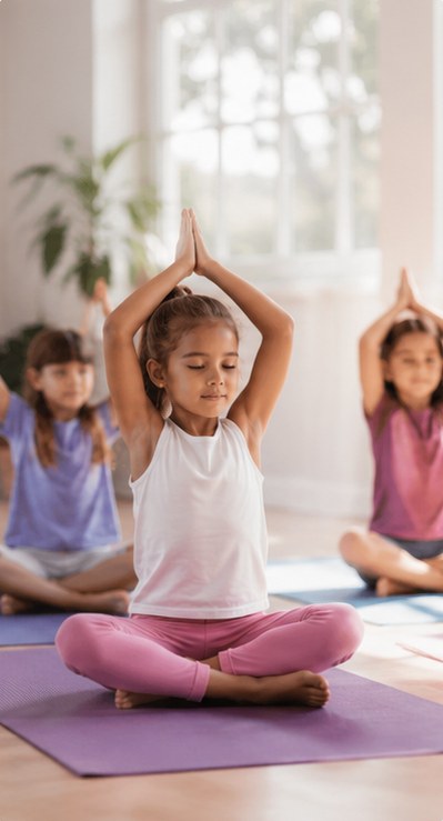 Children stretching and practicing fitness exercises together