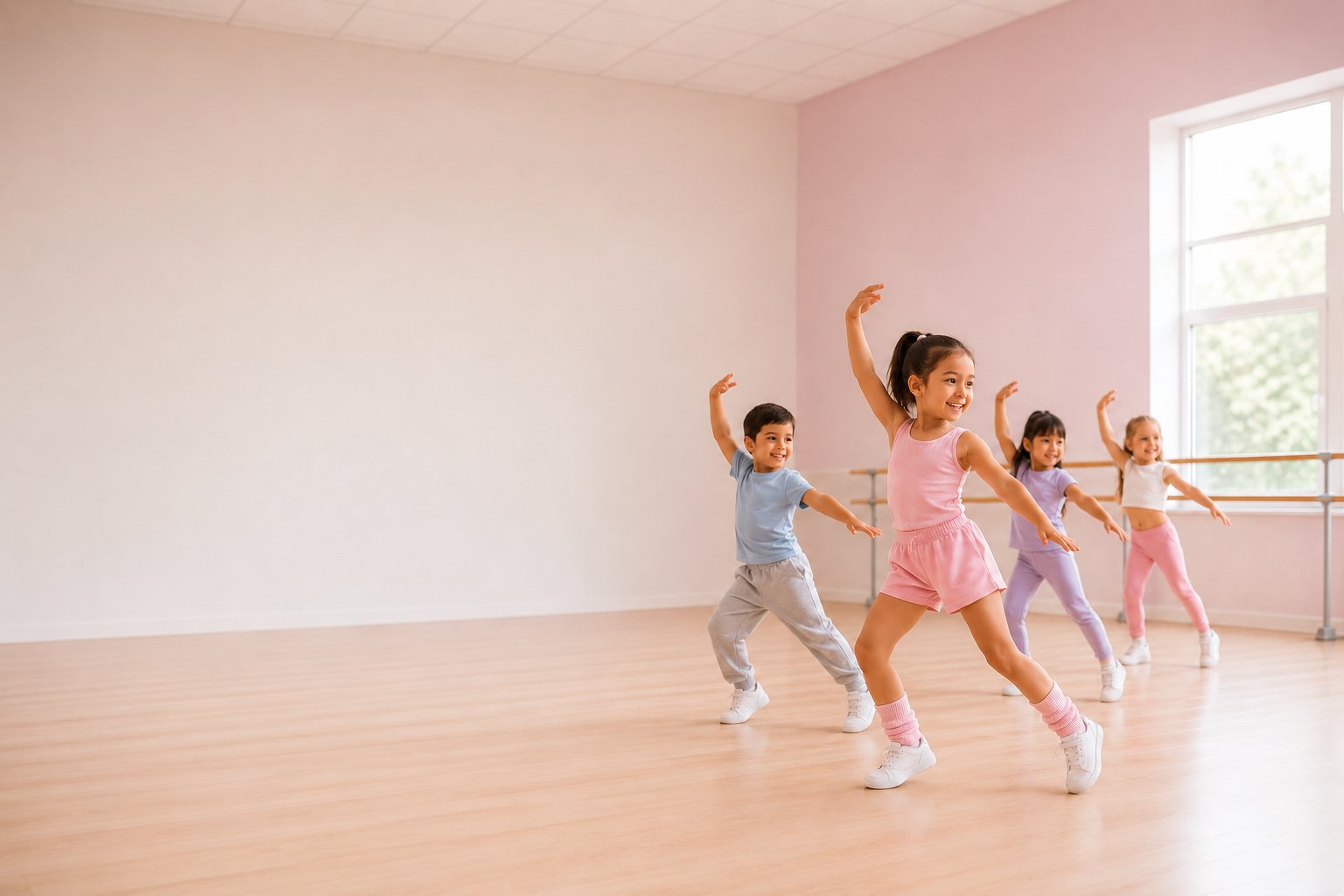 Happy children dancing together in a bright, sunny dance studio